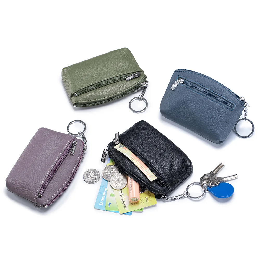 Women Genuine Leather Zip Mini Coin Purse With Key Ring Minimalist Zipper Small Pouch for Coins Keys Bank Cards