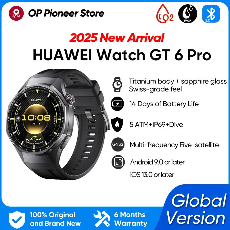 ساعة هواوي GT 6 Pro الإصدار العالمي ساعة ذكية بشاشة AMOLED مقاس 1.47 بوصة عمر البطارية 21 يومًا HarmonyOS 6.0 IP69 NFC iOS وAndroid