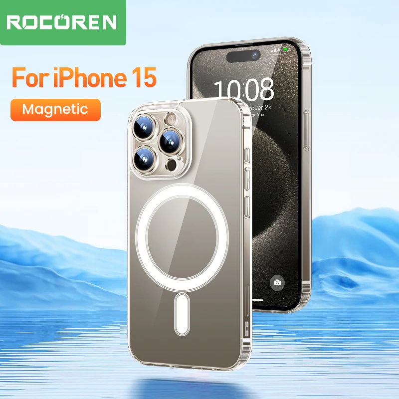 Rocoren Magnetic Case For iPhone 15 Pro Max High Light Transparent Phone Case For iPhone 2023 Lens Protection Impact Resistant