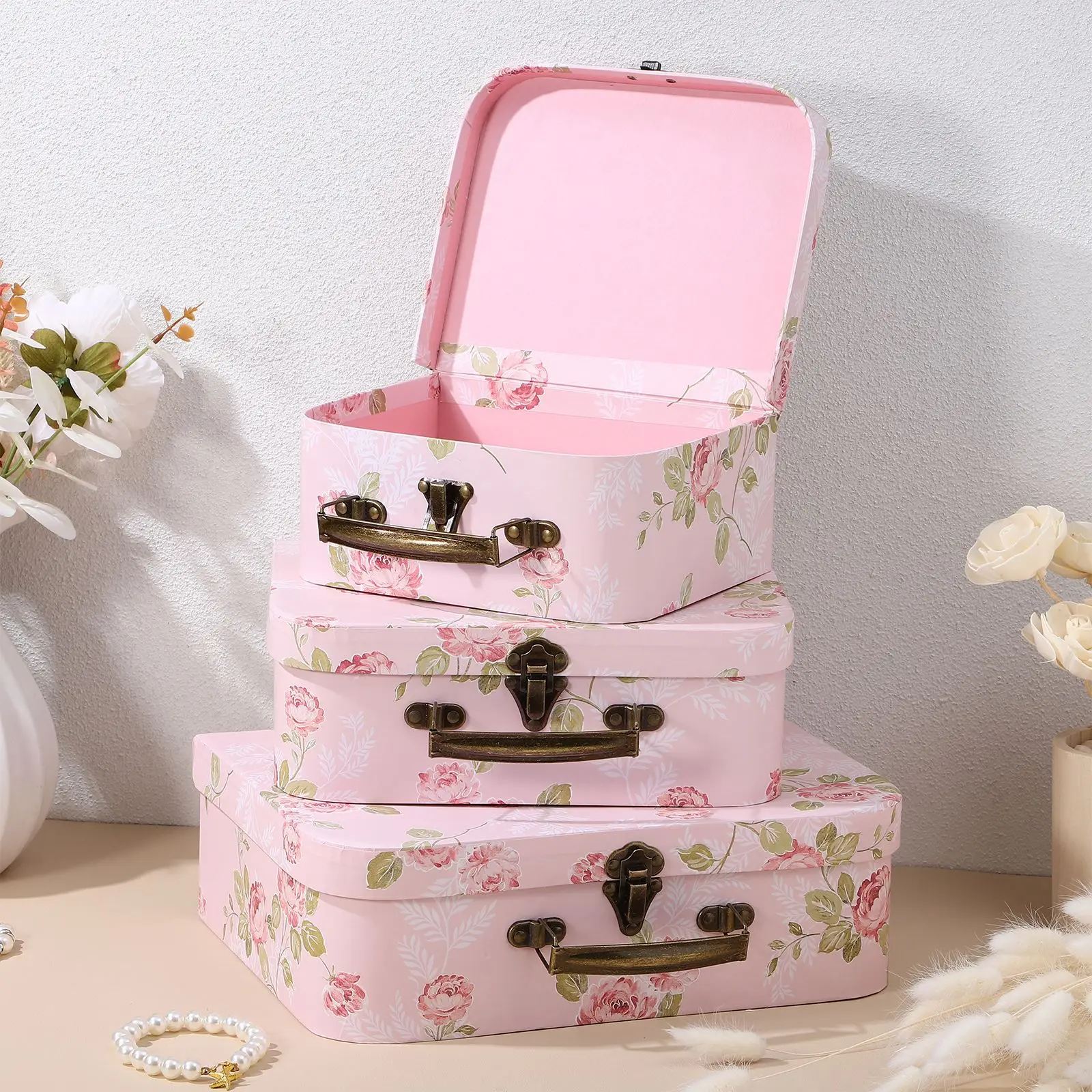 3 Pcs Three Piece Gift Box Travel Souvenir Storage Floral Print Boxes Cardboard Suitcase Paperboard Flower Fashion Decorate