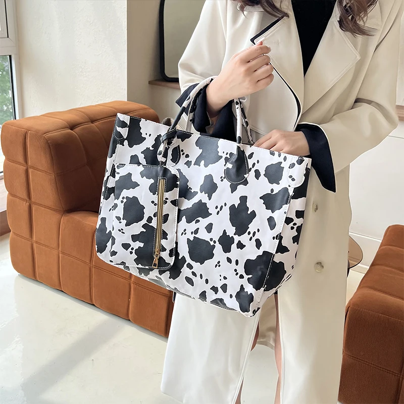 Cow Patterned Tote Bag with Matching Purse,Solid Color Bag Set