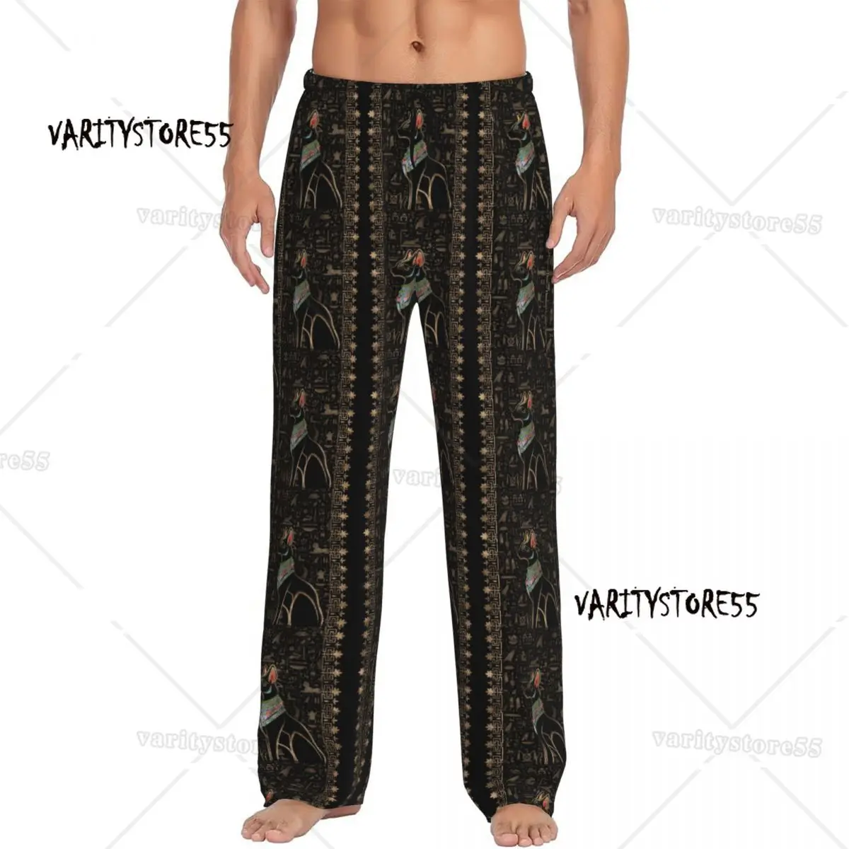 

Изготовленные на заказ пижамные штаны в стиле ретро Египта с иероглифом и котом, одежда для сна, мужские эластичные пояса, египетские штаны для сна с карманами