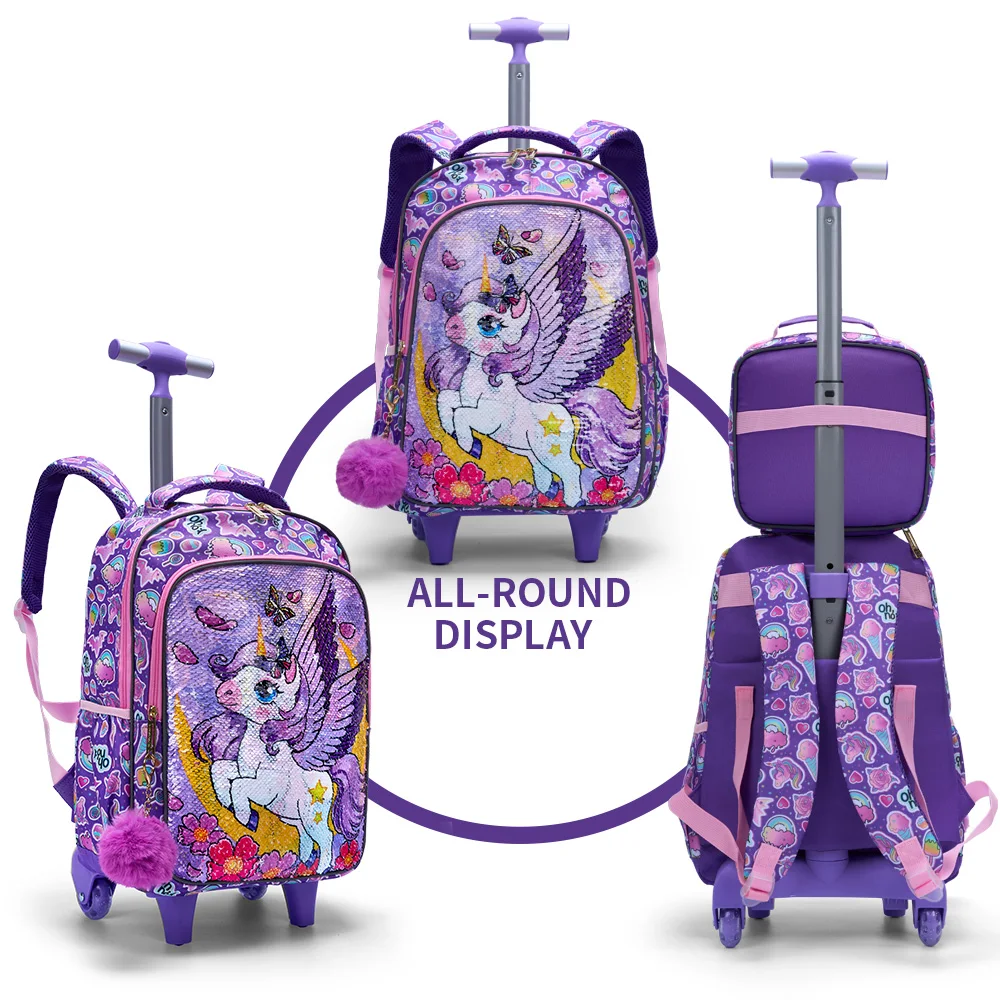 Juego de 3 uds de mochila rodante para niñas, bonitos bolsos con ruedas con diseño de lentejuelas y unicornio y Luna de dibujos animados con fiambrera y bolsa para bolígrafos, color morado