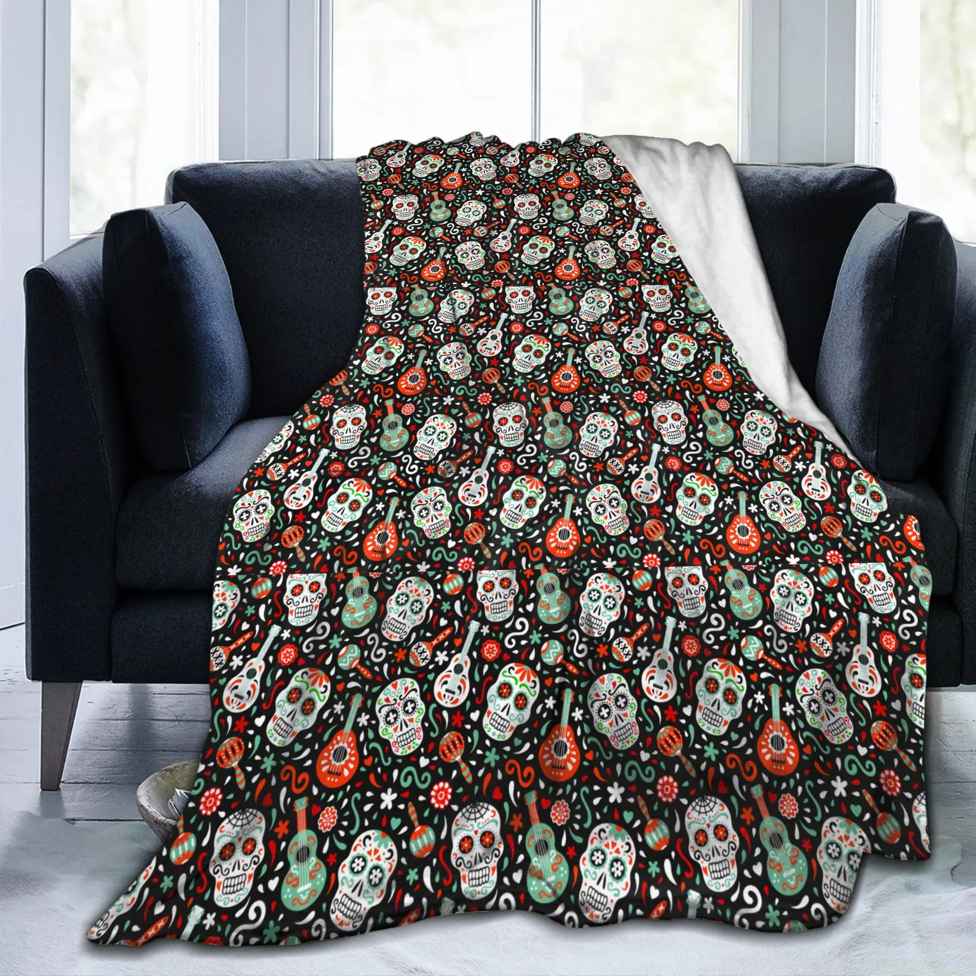 Day Of The Dead Sugar Skull Blanket Soft Flannel Fleece Warm Mexican Skeleton Gothic Throw Blankets for Car Bedding Sofa Quilt - view 2