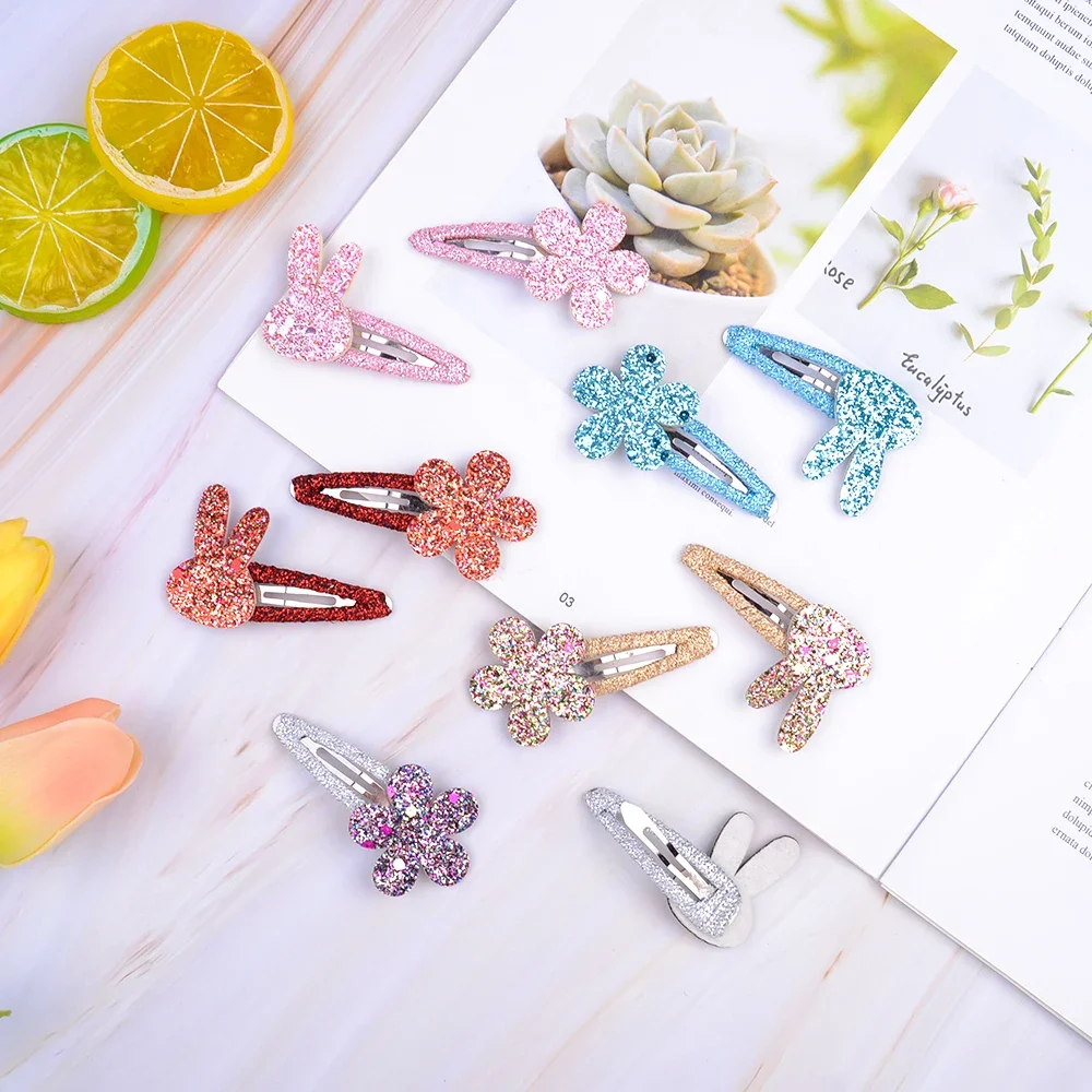 2Pcs/Set Sweet BB Glitter Hairpins for Baby Girls Rabbit Flower Hair Clips Barrettes Headwear Fashion Kids Hair Accessories