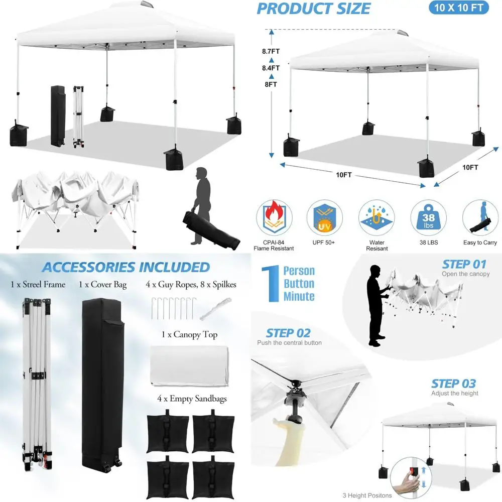 

Instant Pop-Up Canopy Tent 10x10 Feet, One-Button Setup, Adjustable Height, Portable Shelter with Roller Bag, 4 Weights Included