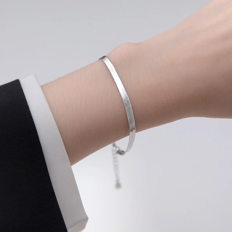 Hot 925 Sterling Silver Punk Rock Simple Blade Bracelets Women Jewelry Gift Fashion Elegant Flat Snake Hand Chain&Anklets Unisex