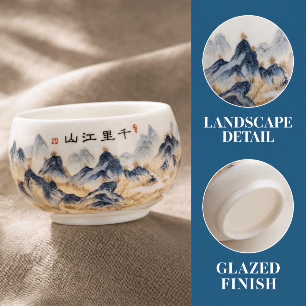 Portable Landscape Painting Ceramic Teacup 180ml Exquisite Tea Cup White Porcelain Vintage Master Cup Gift