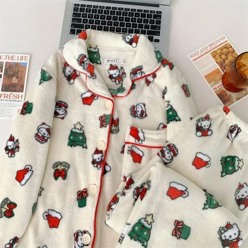 Christmas Sanrio Hello Kitty Pajamas Women Autumn and Winter Kawaii Pajamas Cute Girly Heart Cardigan Home Wear Christmas Gift