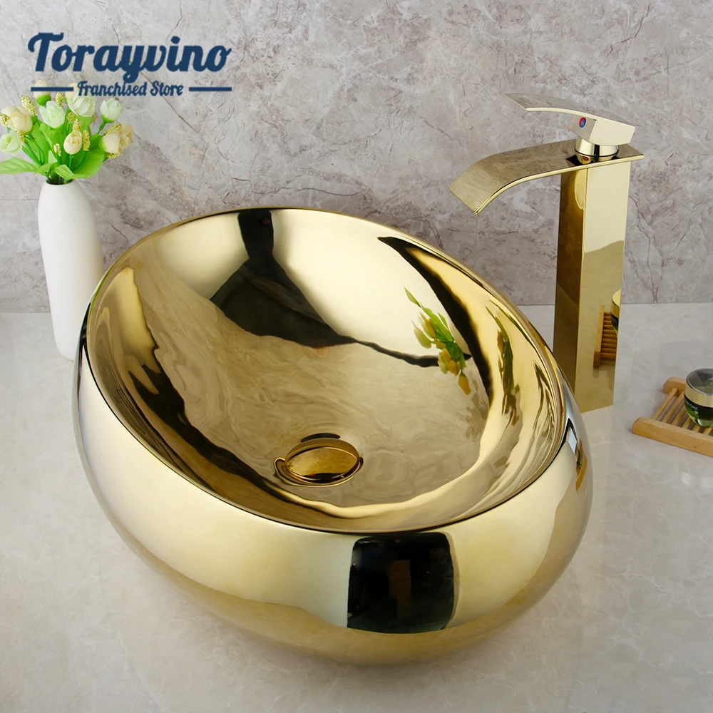 Torayvino Luxury Golden Ceramic Lavatory Sink Set Solid Brass Bathroom Tap Washbasin Basin Sink Set Bath Combine Mixer Faucet