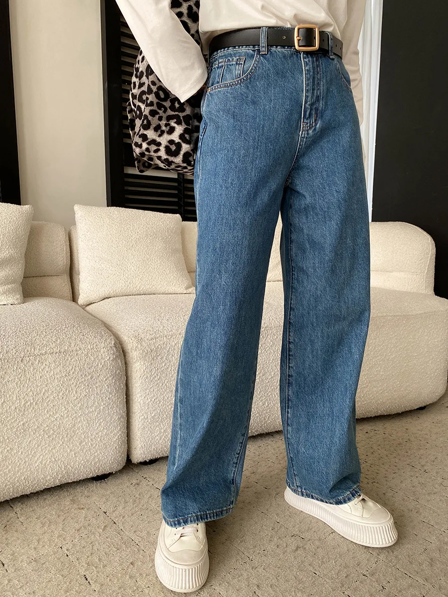 

Весенние женские повседневные джинсы прямого кроя с высокой талией, узким французским силуэтом и широкими штанинами, однотонные.