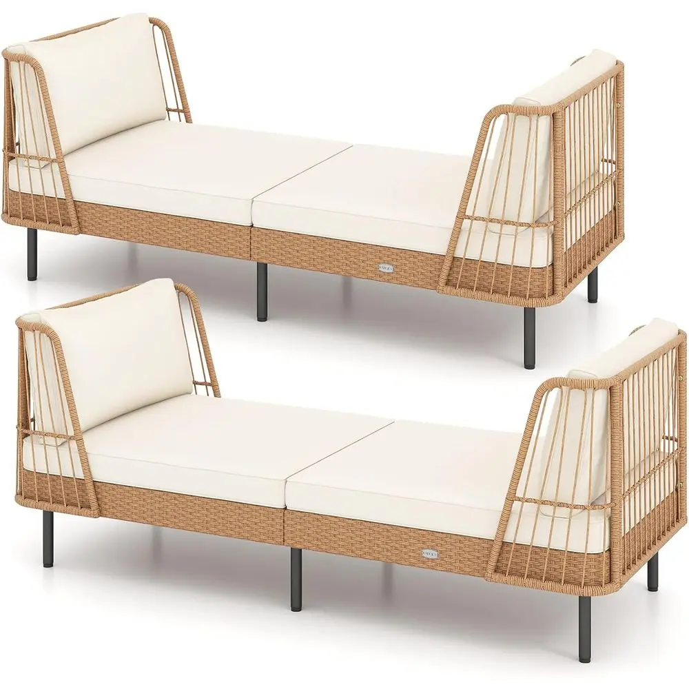 

Двухместный комплект шезлонгов из ротанга в стиле бохо с подушками для использования на открытом воздухе, на веранде и у бассейна, белого цвета