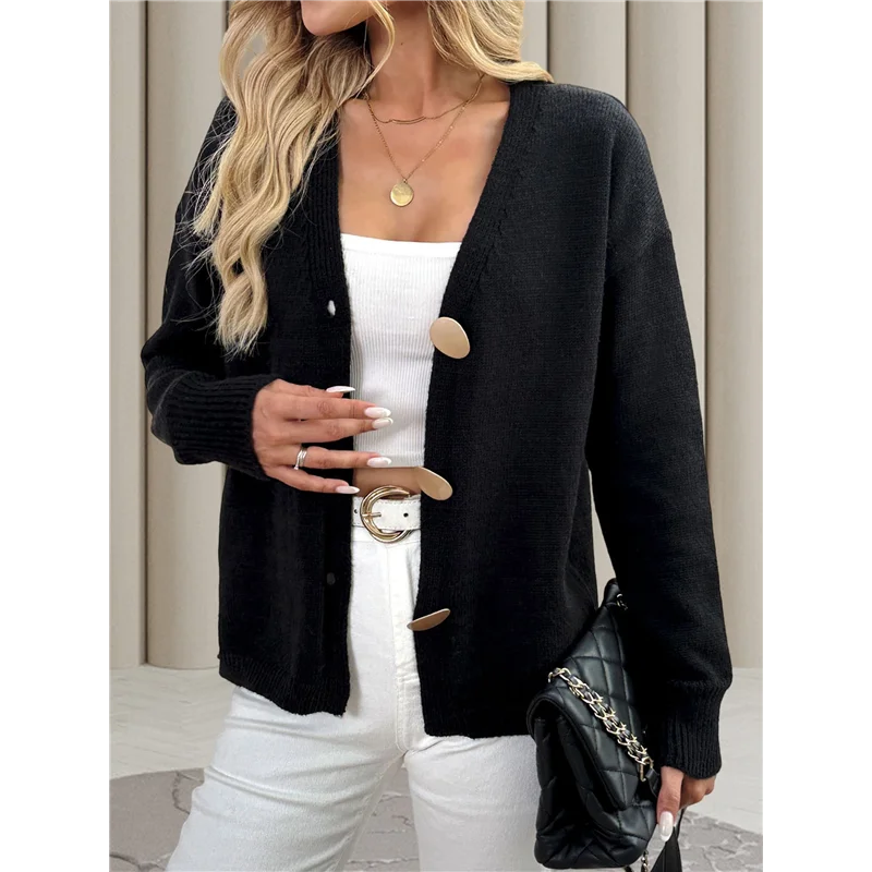 AAAF سترة البلوزات للنساء العصرية الخريف طويلة الأكمام الخامس الرقبة زر أسفل المتضخم مكتنزة متماسكة سترة ملابس خارجية