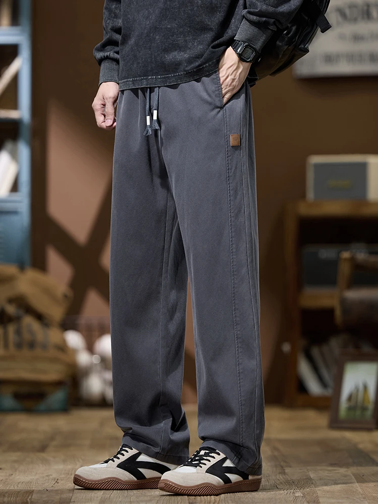 Men's Straight Leg Casual Pants Comfortable Loose Fit Fashionable Drawstring Wide Leg Long Trousers Versatile Spring Autumn