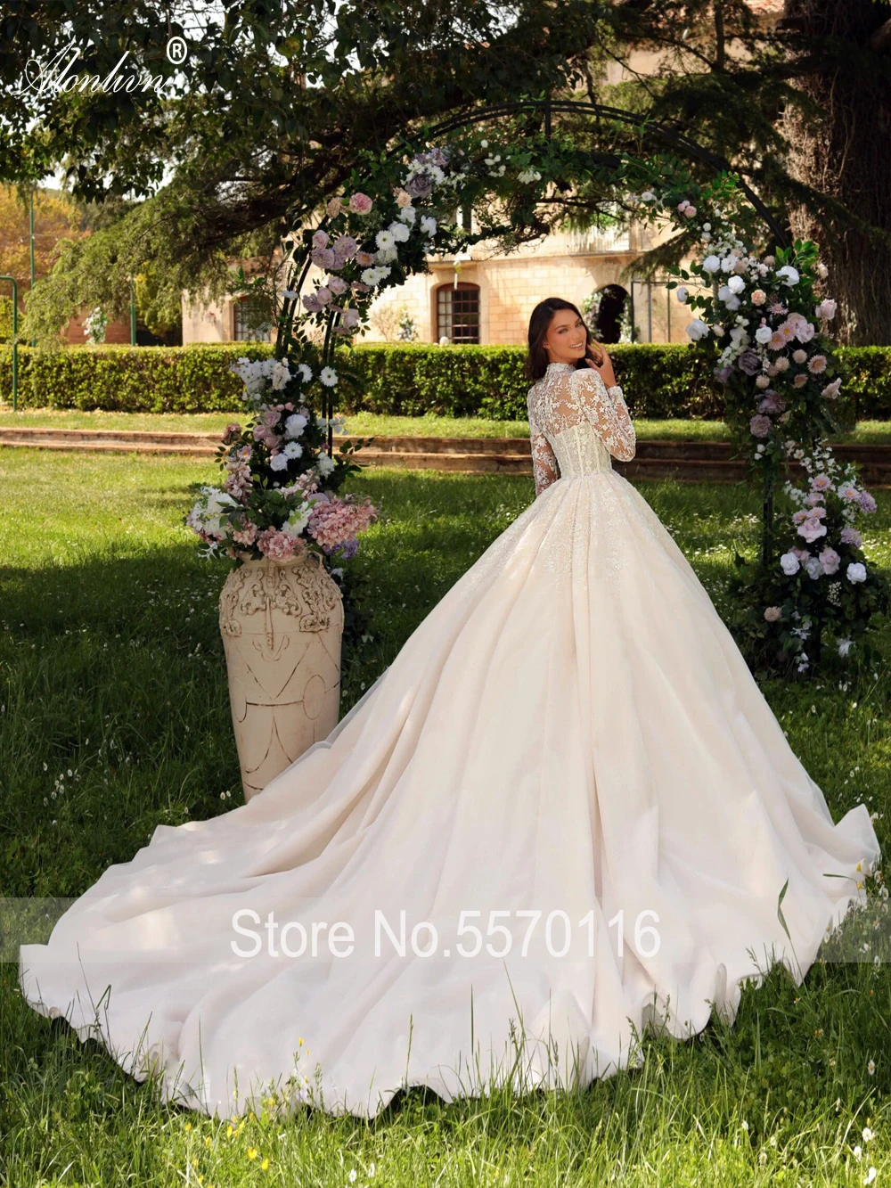 Alonlivn Elegance Tulle High Collar Ball Gown Women Wedding Dresses Beading Embroidery Lace Full Sleeves Bridal Gowns