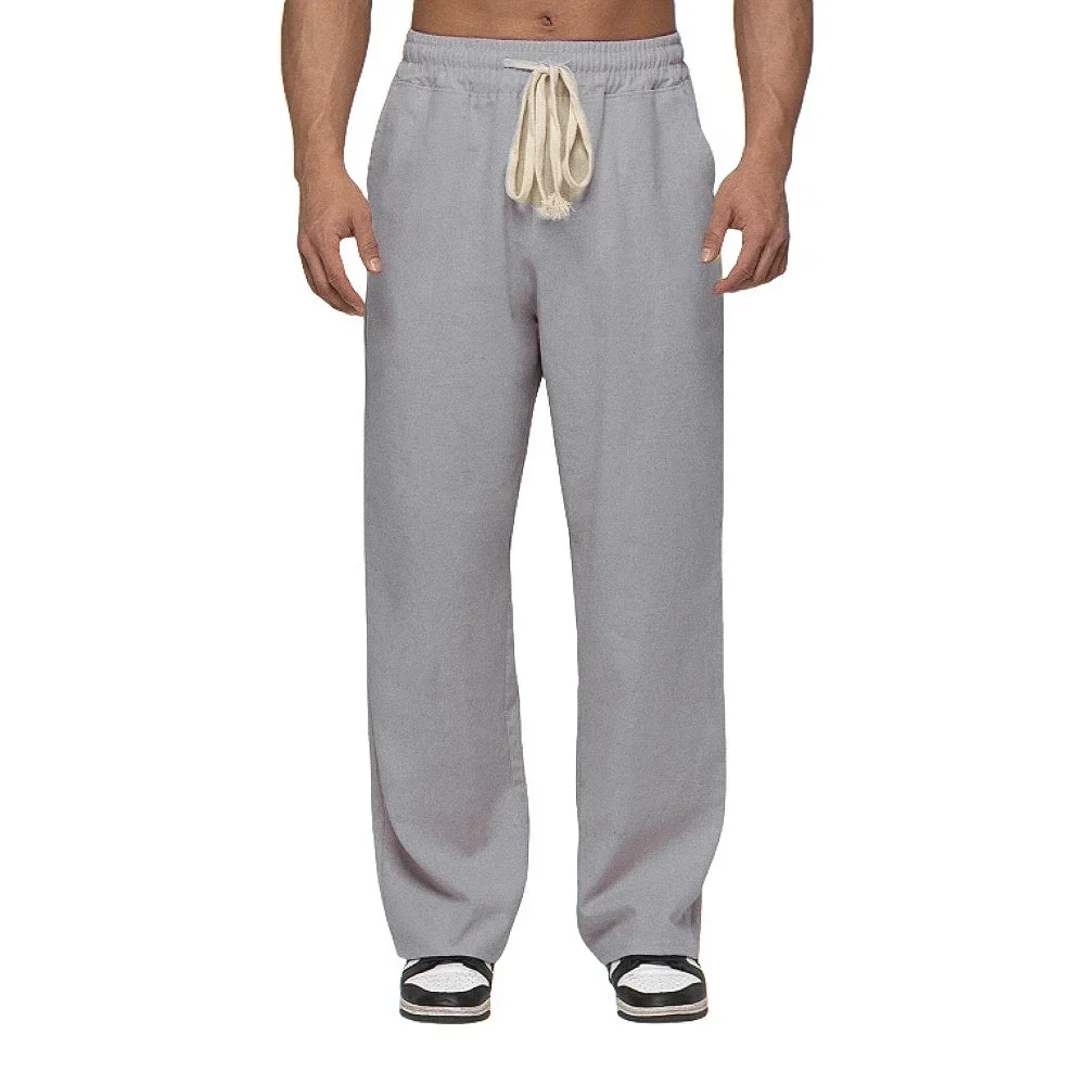 Men's 2025 Casual Cotton Linen Trousers High-End Comfortable Elastic Waist Street Sports Loose Straight-Leg Trousers