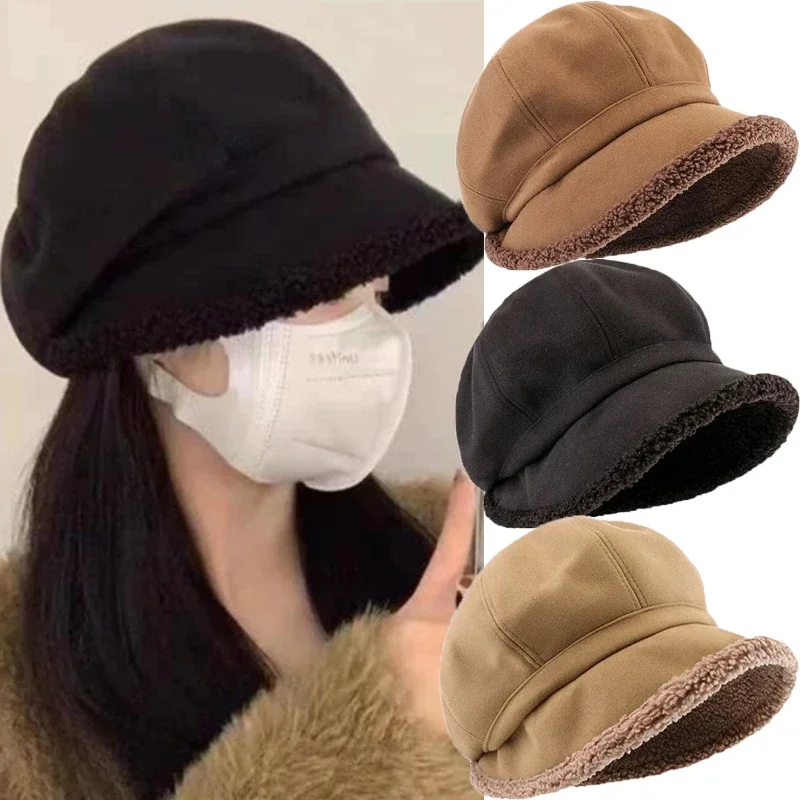 Winter Beret Hats Women Retro Solid Color Velvet Octagonal Hats Thicken Warm Velvet Lamb Hair Caps Outdoor Windproof Plush Hats