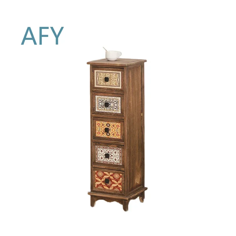 Minimalist Narrow Retro Solid Wood MultiLayer Drawer Storage Cabinet for Living Room Gap 30cm Contracted Sofa Side Cabinet