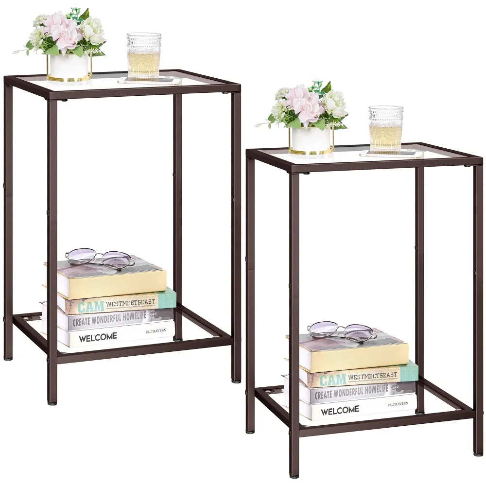 

Side Tables Set of 2, End Tables with Tempered Glass, 2-Tier Nightstands with Storage Shelves, Coffee Table with Modern Style