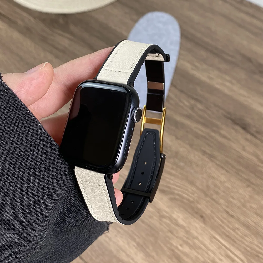 Magnetic strap for Apple watch ultra 2 band 49mm 44mm 40mm 45mm 41mm 38mm Leather+silicone bracelet iWatch series 9 8 7 6 5 4 se