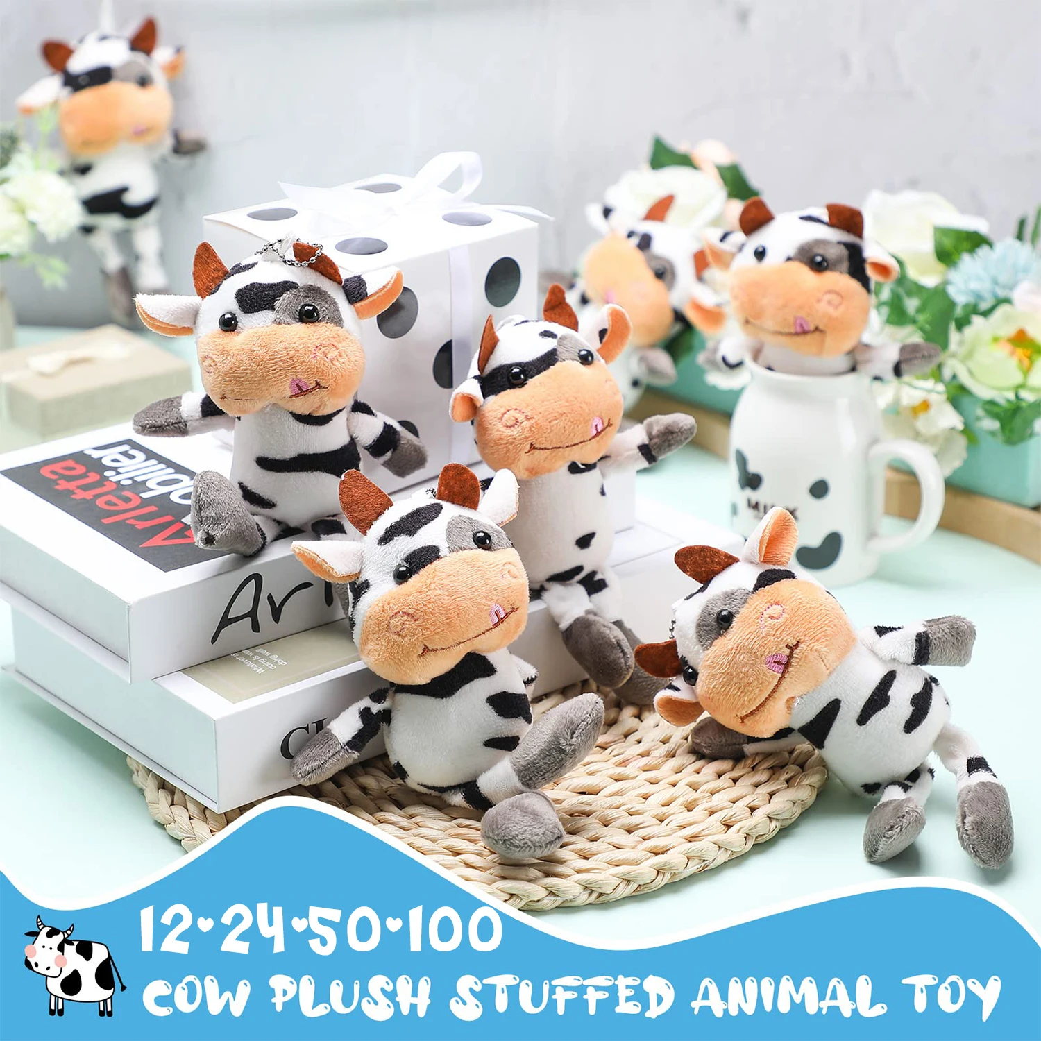 12-100Pcs Cow Keychain Bulk Cow Toy Keychain Stuffed Farm Animal Keyring Cows Party Favors Gift for Backpack Handbag Purse Xmas