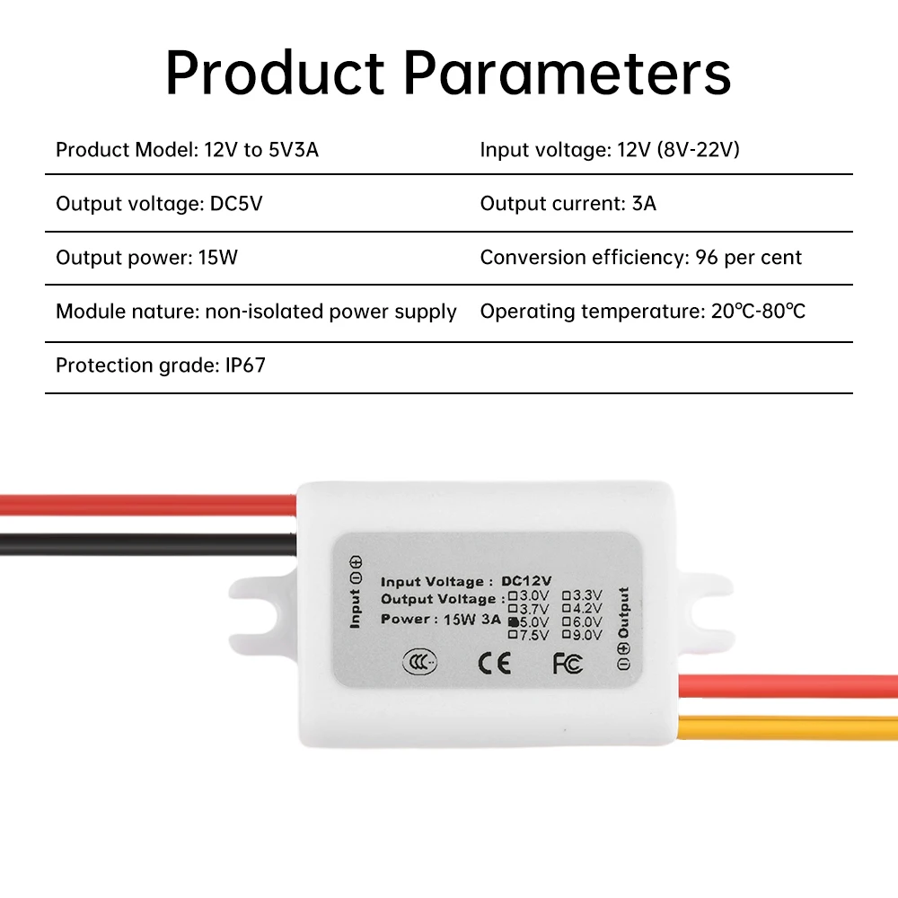 Convertitore impermeabile IP67 da 12 V a 5 V 3 A Convertitore buck step down DC-DC Alimentatore Modulo di alimentazione da 15 W Convertitore ad alta efficienza