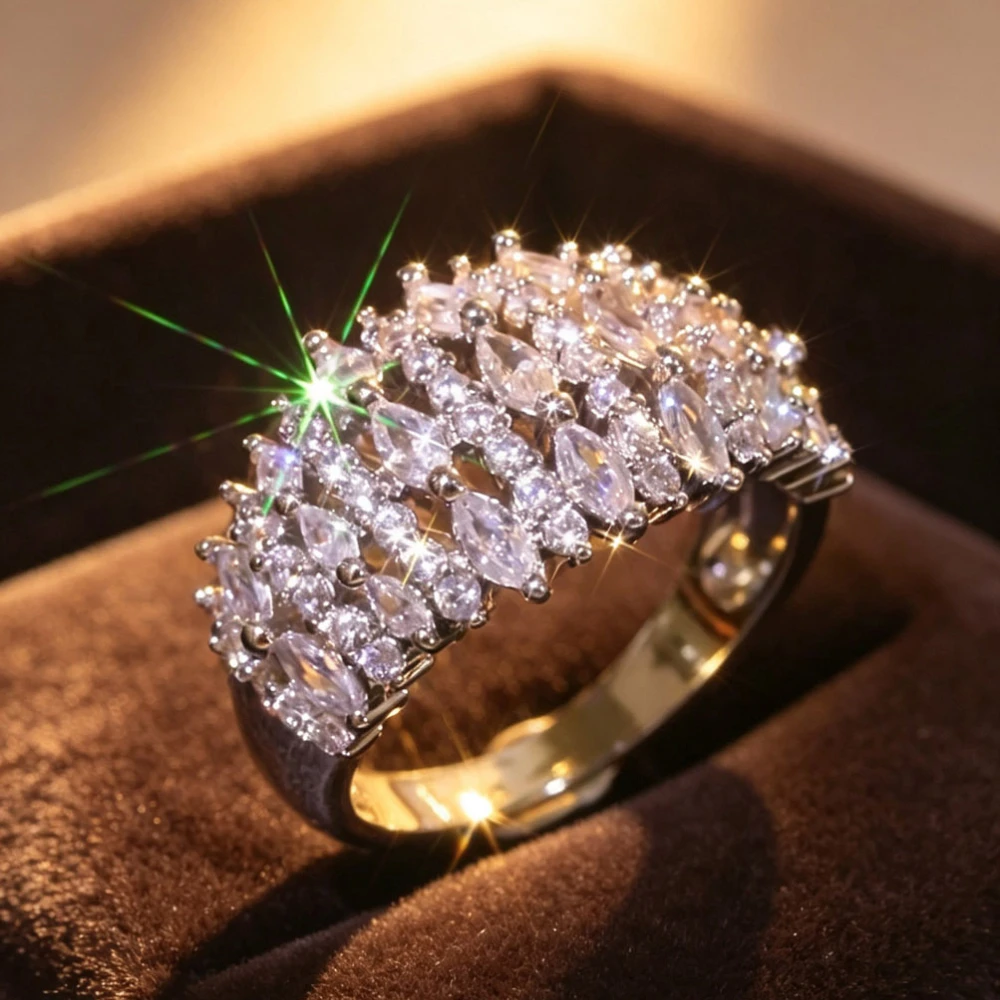 1PC Trendy Wide Band Metal Ring with clustered marquise layered design, exquisite sparkling craftsmanship, Suitable for weekend outing, wedding ceremony, holiday gala, reunion party, ideal gift for lovers and friends
