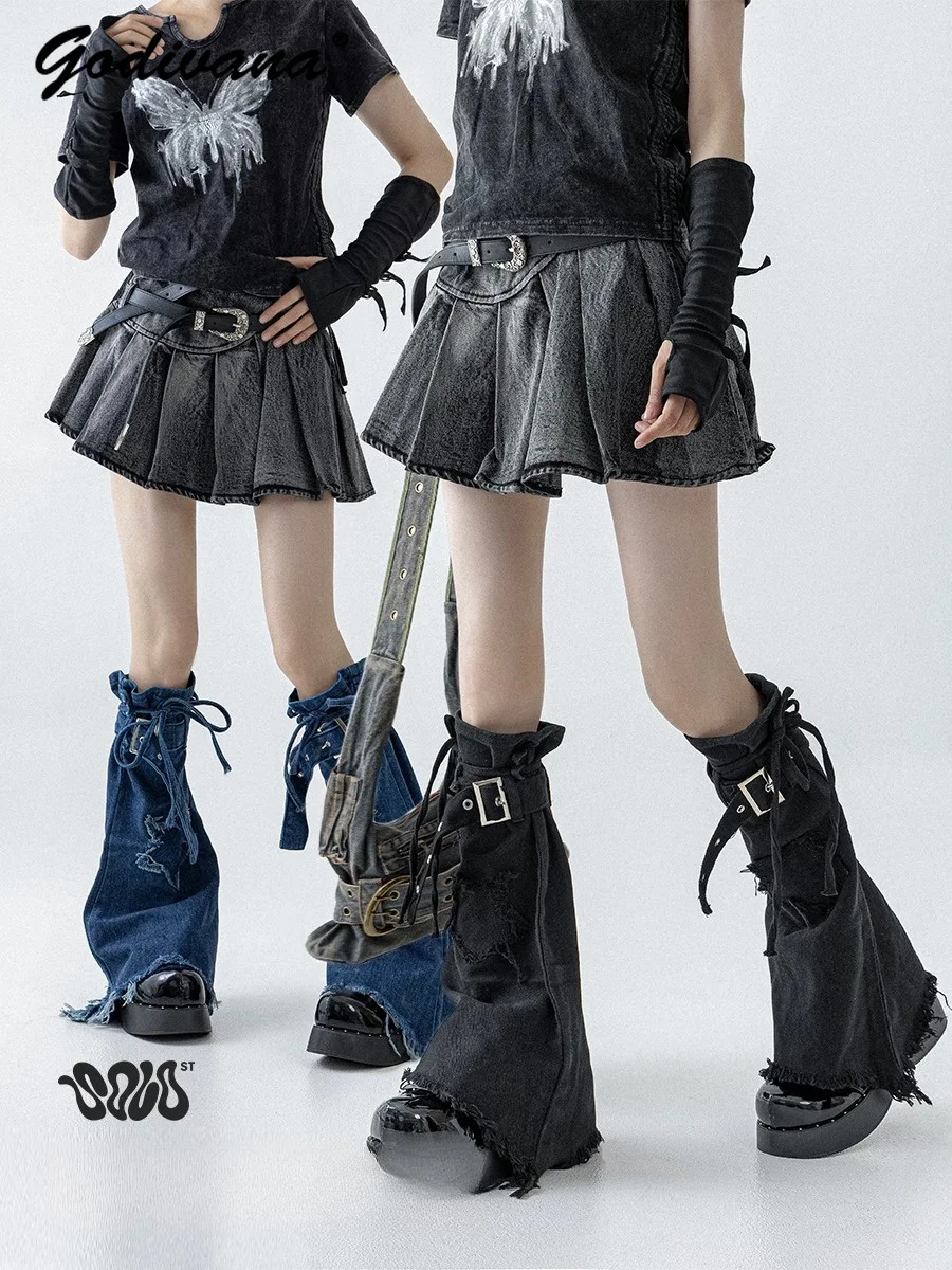 Star Strap Denim Leg Warmers for Women Girls Spring Summer Y2k Hot Girl Subculture Floor Mopping Comic Exhibition Matching Socks