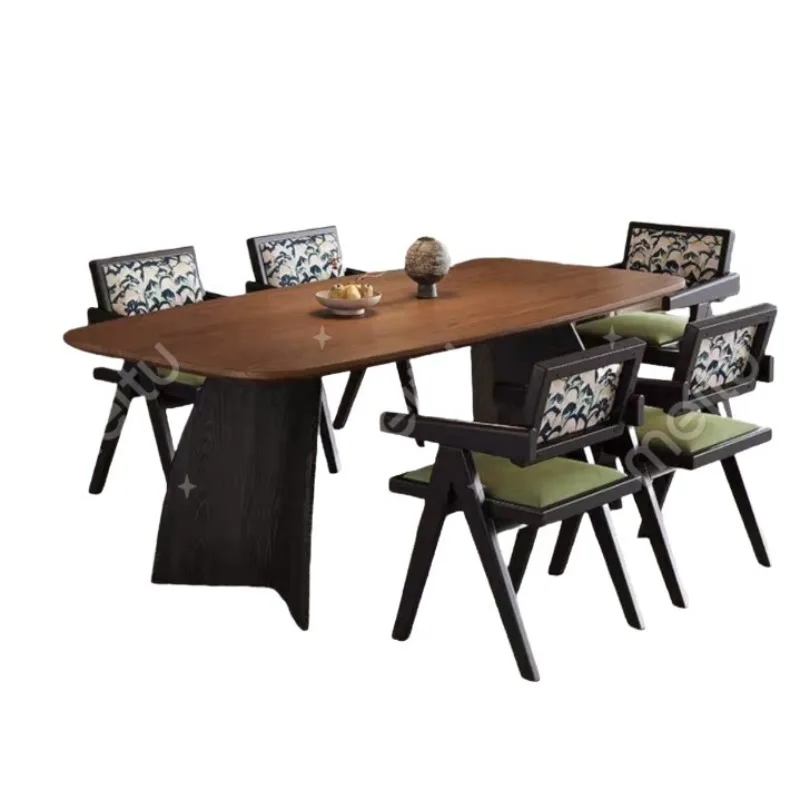 French Mid-century Arch Solid Wood Dining Table, Retro Minimalist Designer Table in Walnut & Ash Wood for Home
