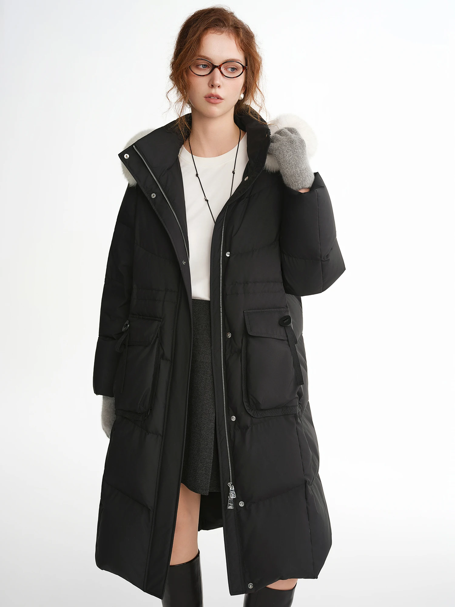 DUSHU الثعلب الفراء مقنعين سترة طويلة أسفل جديد الشتاء منتصف طول معطف الخصر محددة بسيطة فضفاضة تناسب الترفيه اليومية الدافئة كل مباراة Ins