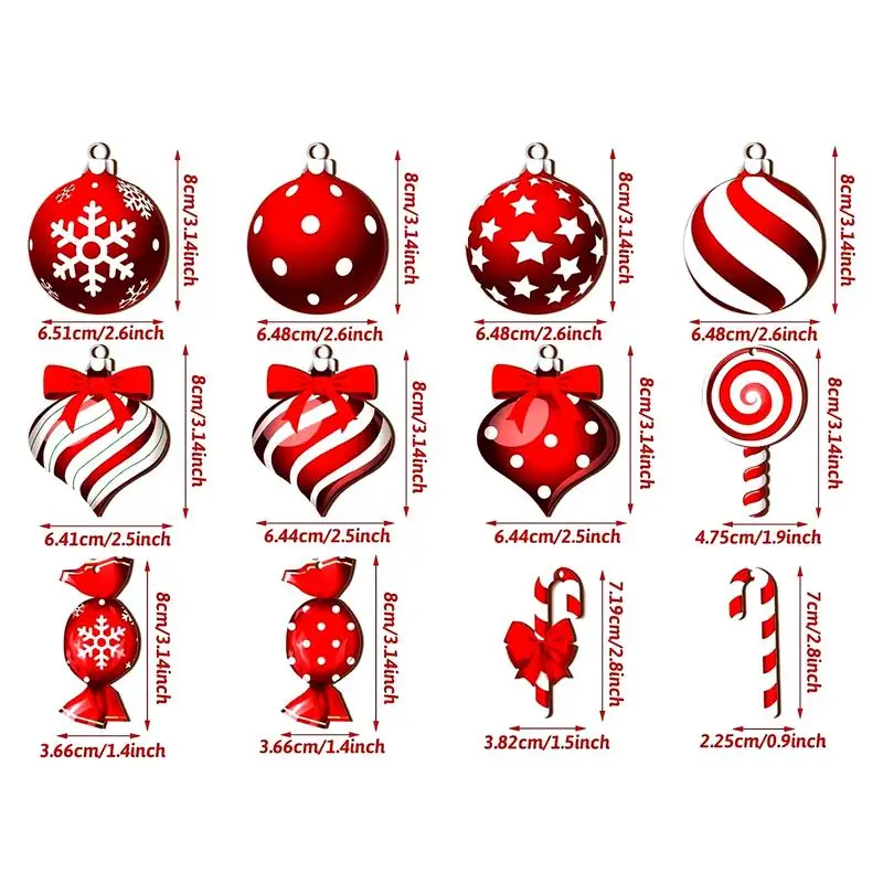 Adornos de piruleta para árbol de Navidad, Bola de árbol de Navidad acrílica plana, diseño de agujero de fijación, colgantes de bastón de caramelo, 12X