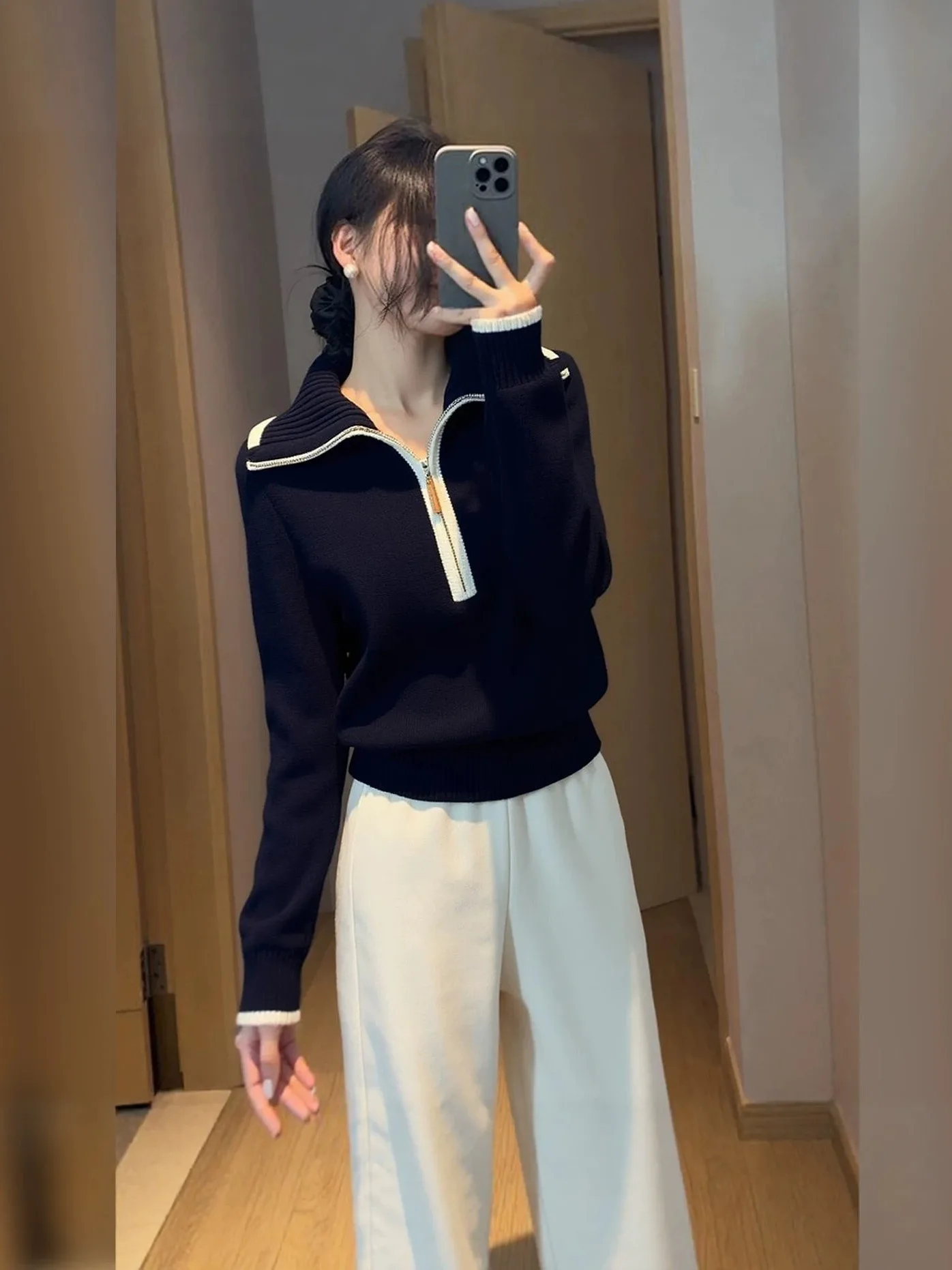 

Кобальтово-синий вязаный джемпер с воротником на молнии для женщин, осенне-зимний, больших размеров, повседневный, универсальный, базовый топ