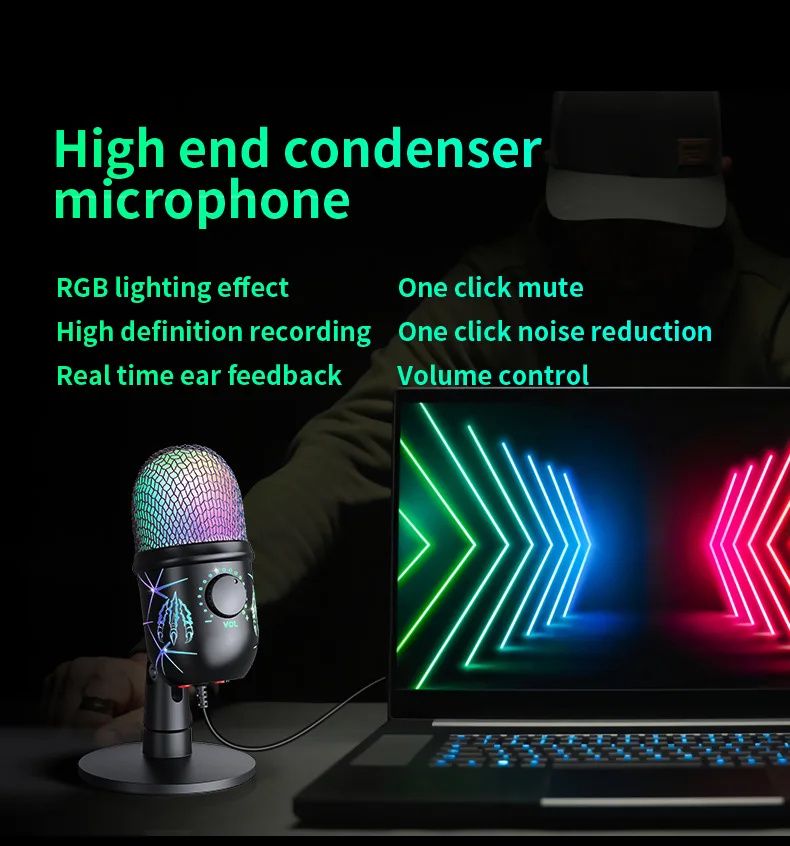 Professional Studio USB Microphone For PC Streaming YouTube Tiktok Live Video Singing Gaming Recording RGB Condenser Microfon