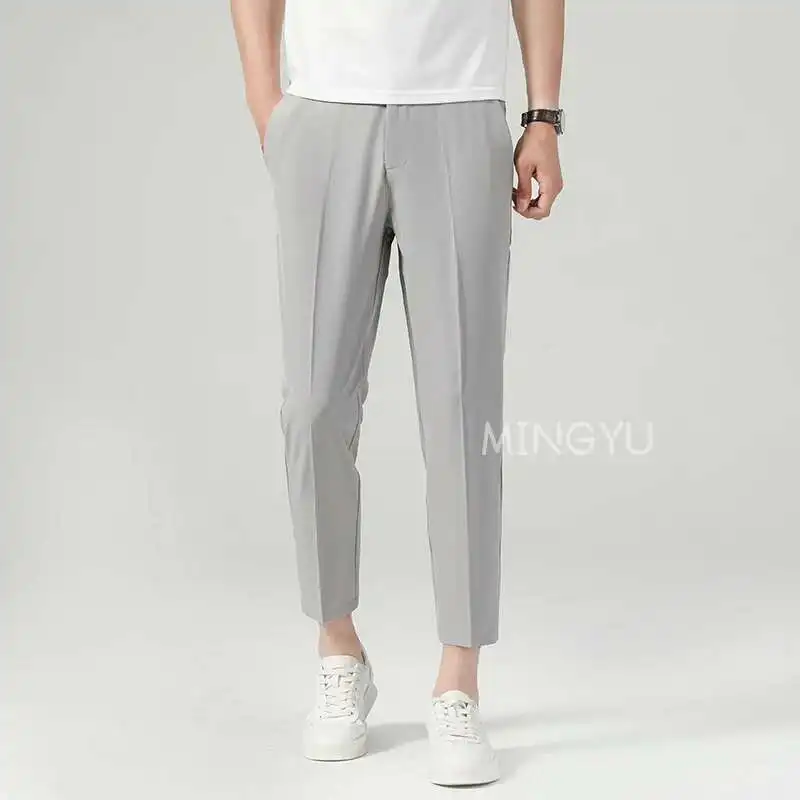 

Новые летние тонкие костюмные брюки мужские деловые с эластичной резинкой на талии формальные корейские тонкие рабочие офисные длинные брюки до щиколотки мужские