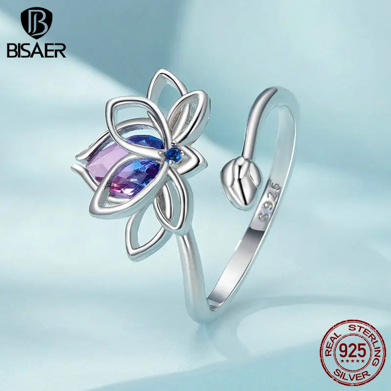 BISAER 925 Sterling Silver Lotus Flower anello aperto taglia 5-9 viola Eternity Band placcato platino per donne eleganti gioielleria raffinata