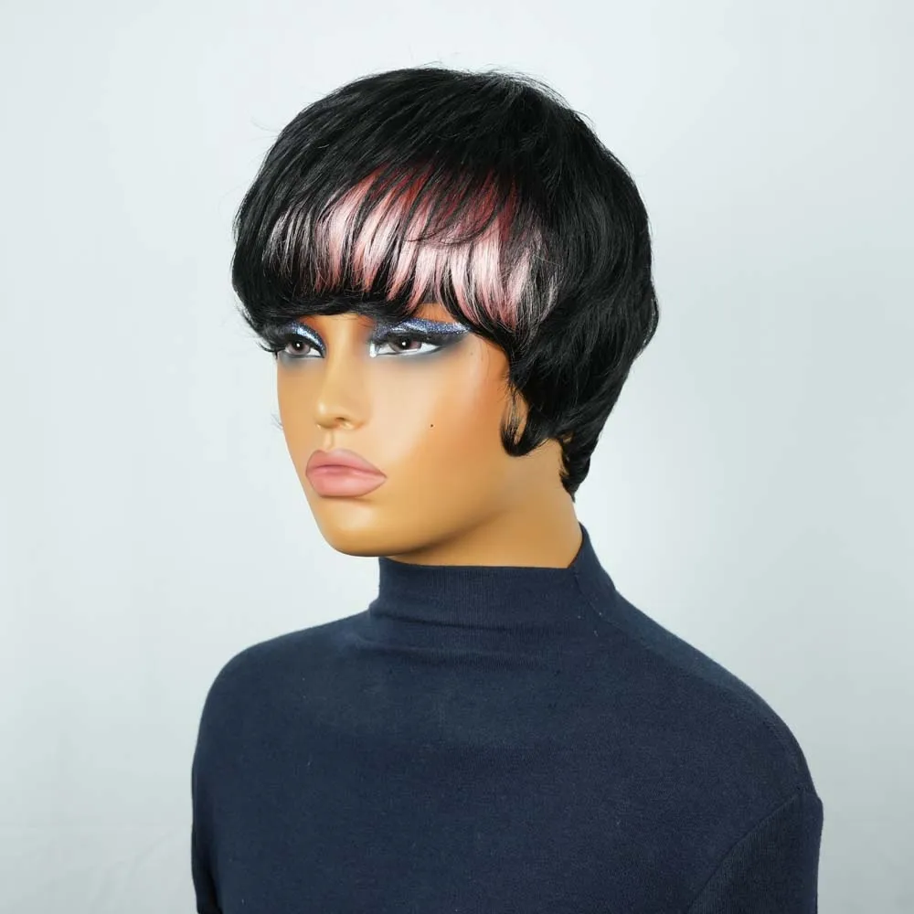 黒人女性用ショートピクシーカットウィッグ レミー人毛ストレート ブラックミックスピンクカラー レイヤードピクシー マシンメイドウィッグ 前髪付き