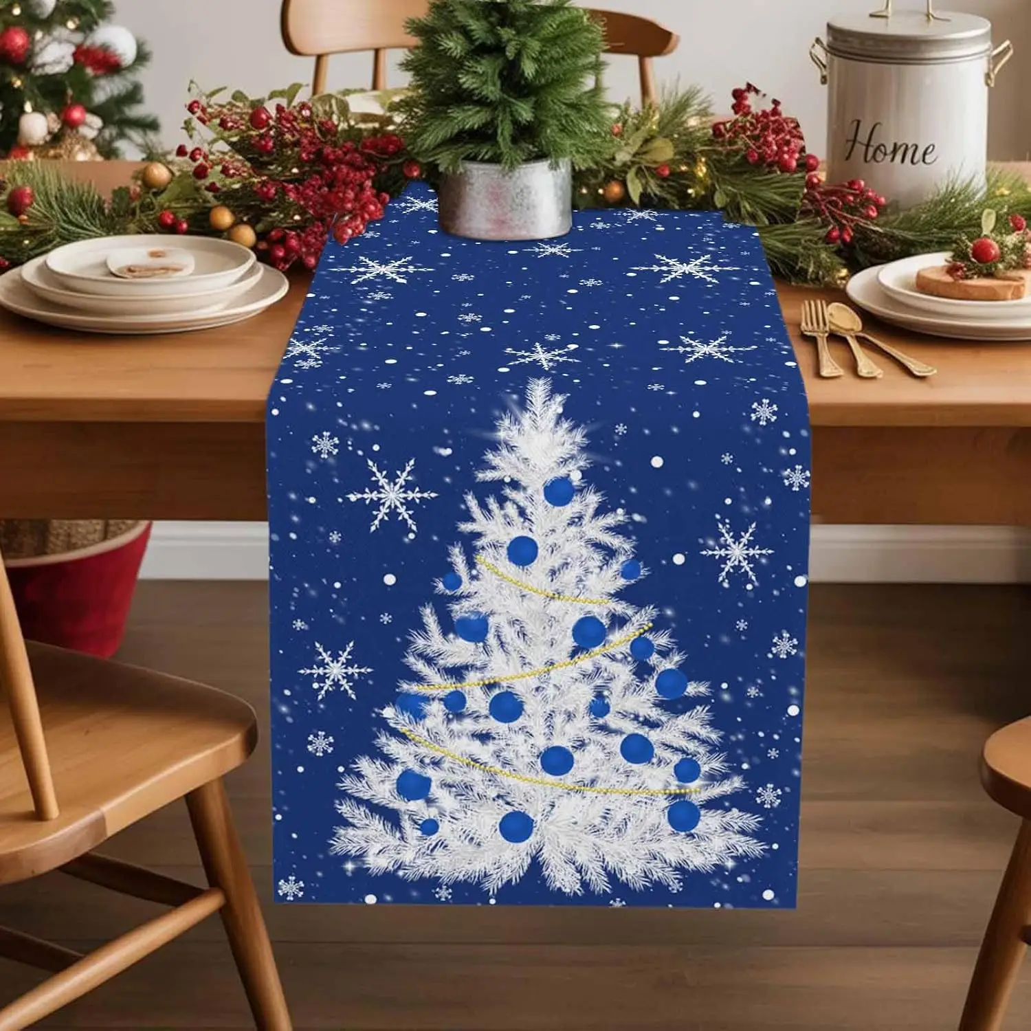 Christmas Tree Snowflakes Linen Table Runner Holiday Party Decor Winter Xmas Kitchen Dining Table Runners Christmas Decorations