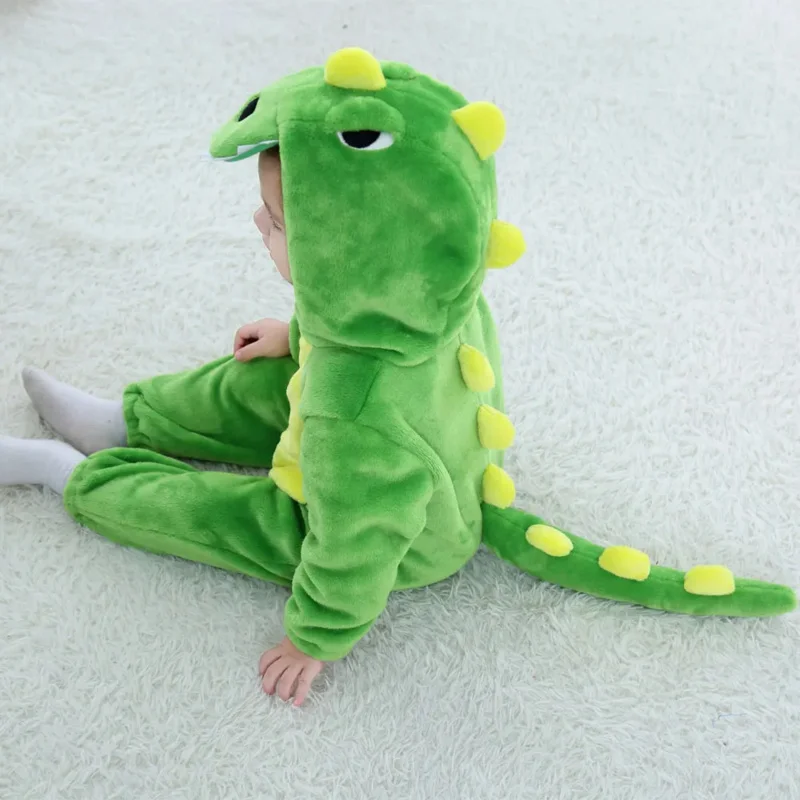 Kostum hewan kartun bayi dinosaurus Kigurumi hijau Bodysuit anak balita bayi Jumpsuit Onesie flanel Anime nyaman