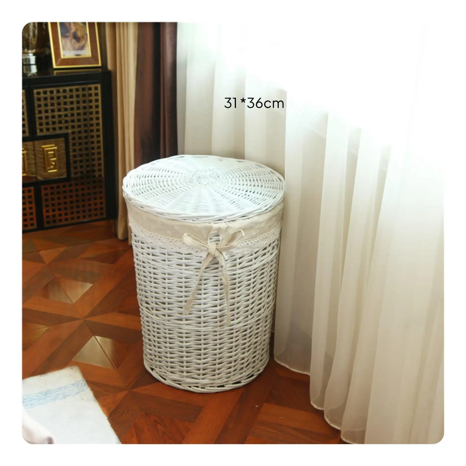Foldable Linen Storage Basket for Laundry Organizer with Lid Bamboo Rattan Woven Hamper for Small Space