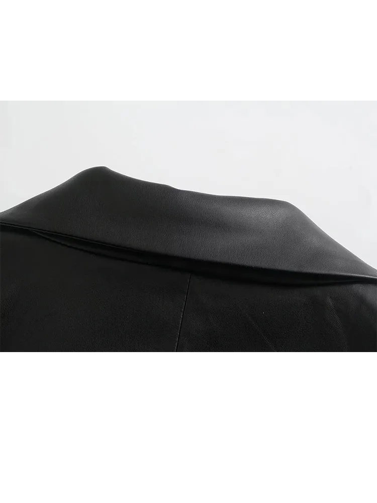 

HH New Woman Autumn Fashion Casual Blazer Female Long Sleeves Lapel Single Breasted Pocket Decoration Faux Leather Effect Jacket