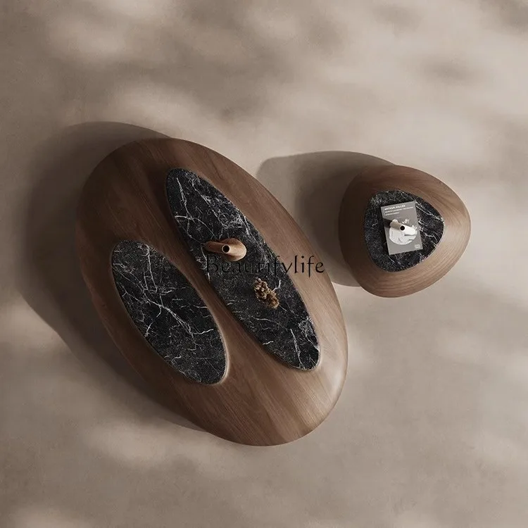 

North American black walnut pebble marble oval marble coffee table combination