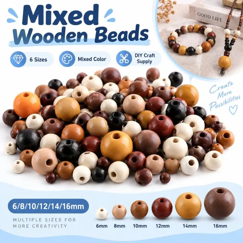 100~500pcs Wood Beads 6/8/10/12/14/16mm Mixed Color Rustic Farmhouse Spacer Beads For DIY Jewelry Crafts