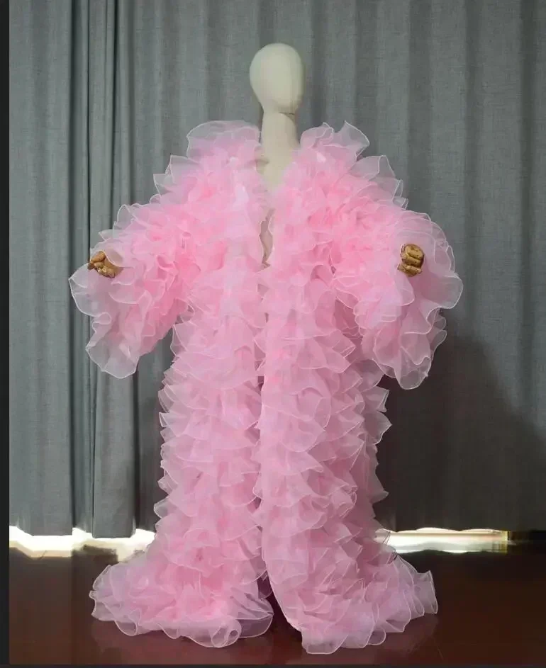 Chaqueta de organza rosa para mujer, vestido de manga larga con volantes, largo hasta el suelo, vestido largo para sesión de fotos, capa de boda, color de tamaño personalizado