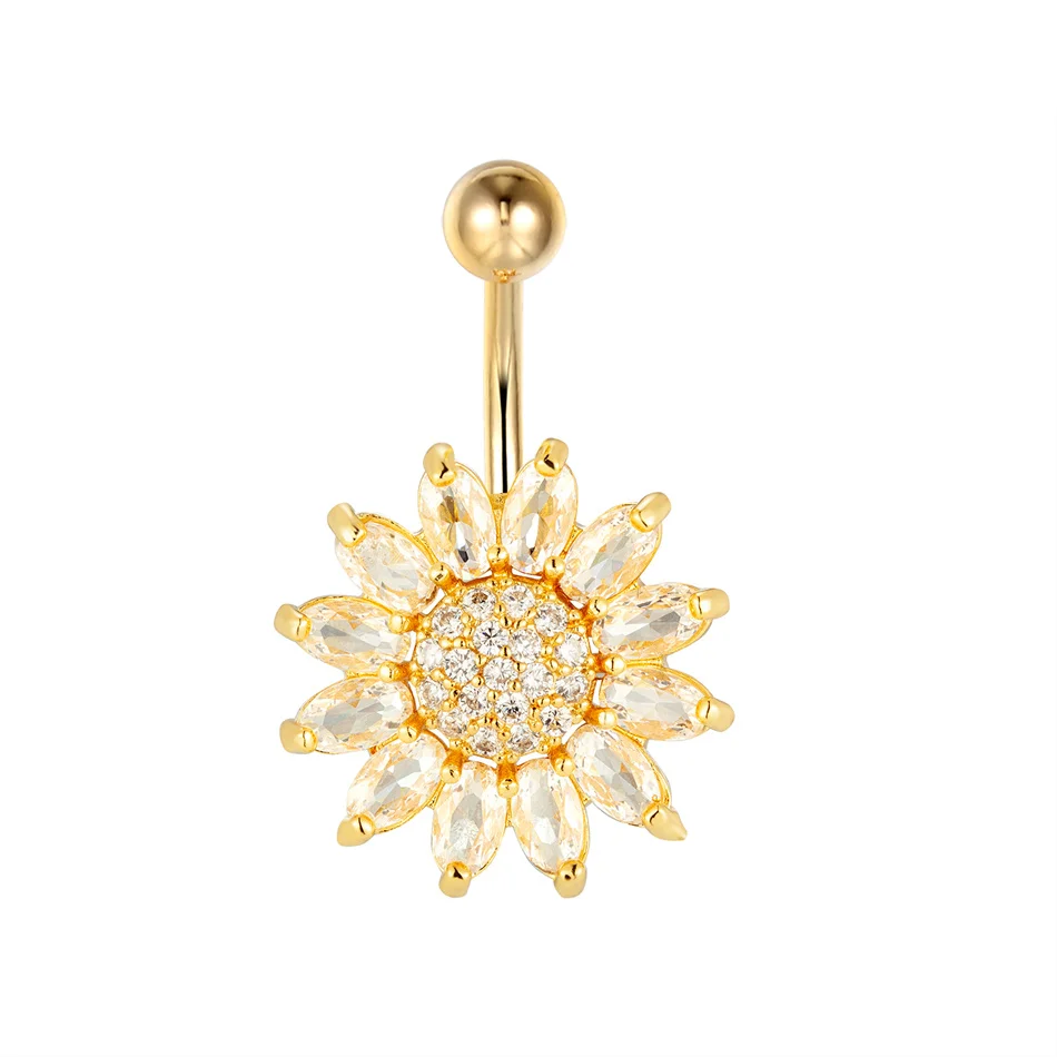 Bright Zircon Belly Ring Crystal Big Sunflower 14G 10mm Stainless Steel Navel Bar Sexy Women Belly Button Piercing Jewelry