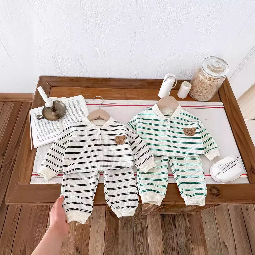 2024 Autumn Set Infant Toddler Striped Cartoon Long Sleeve Sweatshirt Boys Girls Baby Pullover Casual Top + Pants