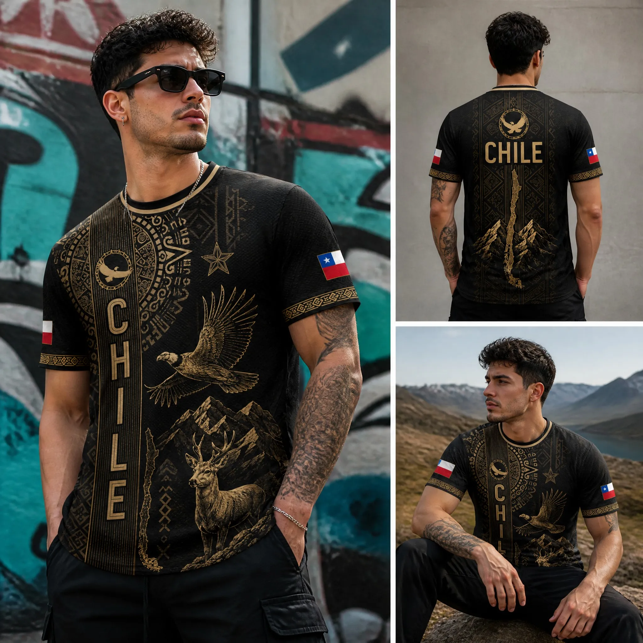 Mens Crew Neck Tee Shirt Chile Black Gold Eagle Deer Mountain Graphic Short Sleeve Casual Street Outdoor Team Style Top Wear Tee