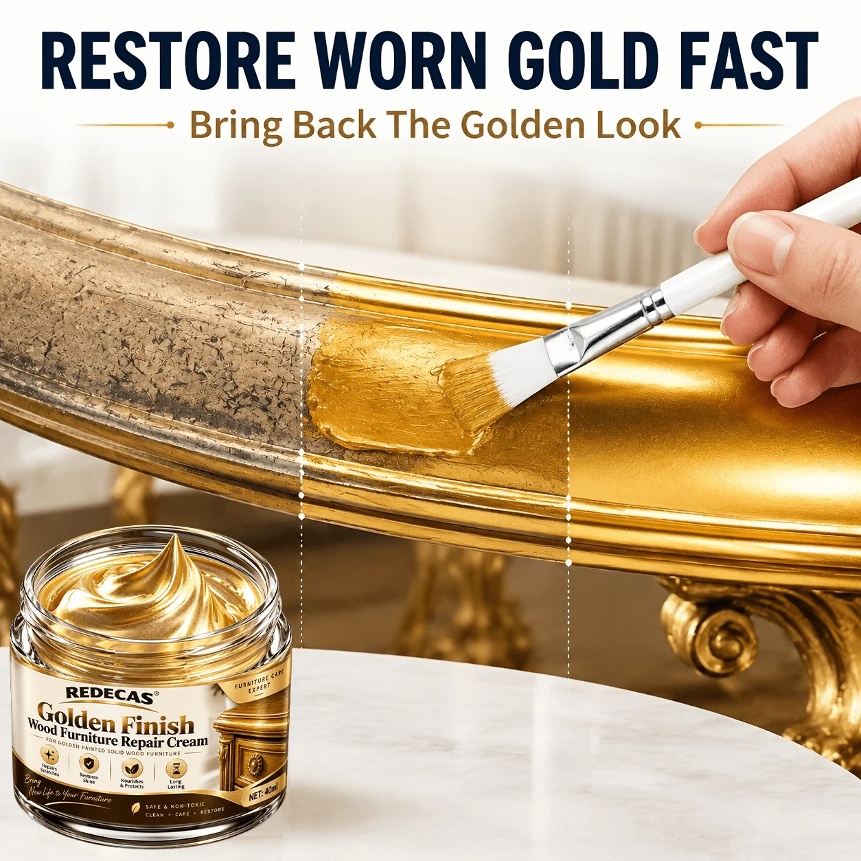 Gold Home DIY Repair Paste: Re-gilds Antique Furniture, Frames, Figurines; Wood, Metal, Plaster, Resin, Ceramics. No Gold Leaf.