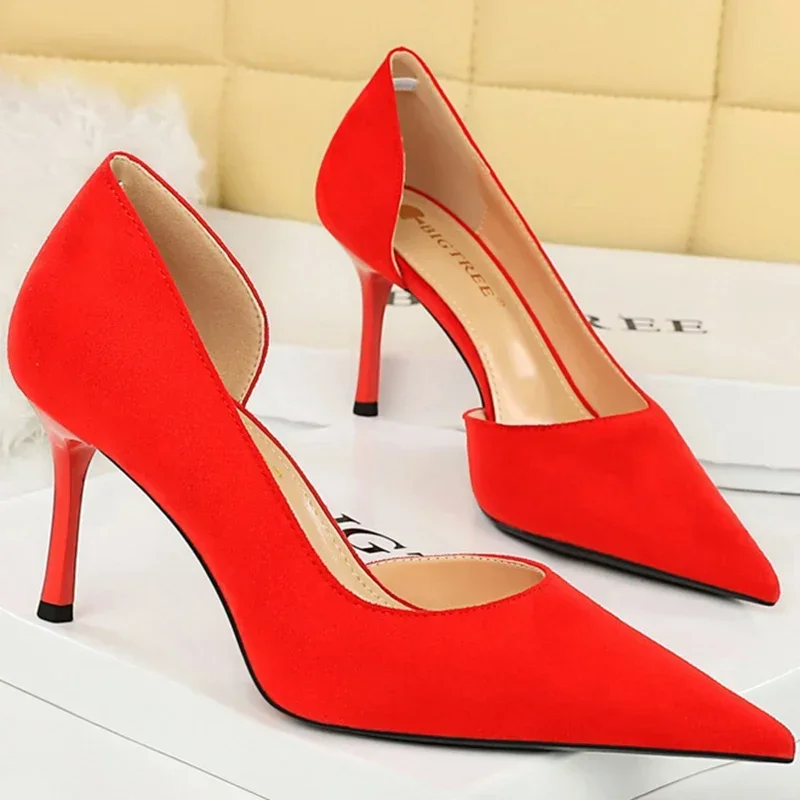 Big Size Fashion Women Daily Holiday Suede Green Red Pumps Lady 8.5cm High Heels Basic Pointed Toe Hollow Wedding Middle Heels