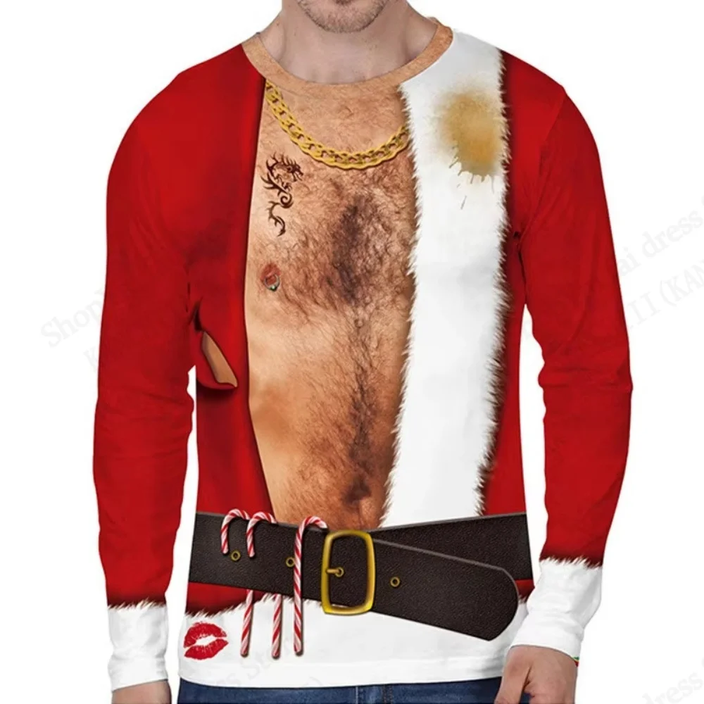 Christmas 3D Print Fake Muscle Suit Graphic T-Shirts Funny T-Shirt Men Long Sleeve Fashion Tops Christmas Tshirt Mens Clothing