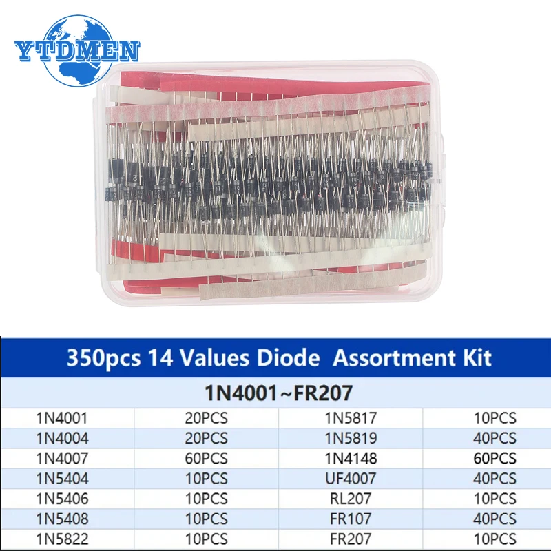 350PCS Fast Switching Schottky Diode Kit 1N4148 1N4001 1N4004 1N4007 1N5404 RL207 1N5819 1N5822 1N5408 Rectifier Diodes Set